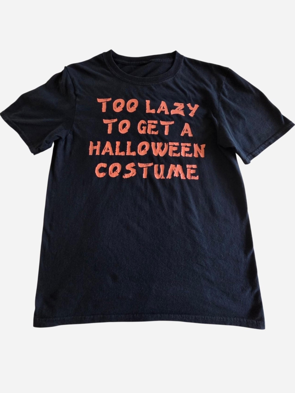 "Too Lazy to Get a Halloween Costume" Funny graphic tee orange text black size M